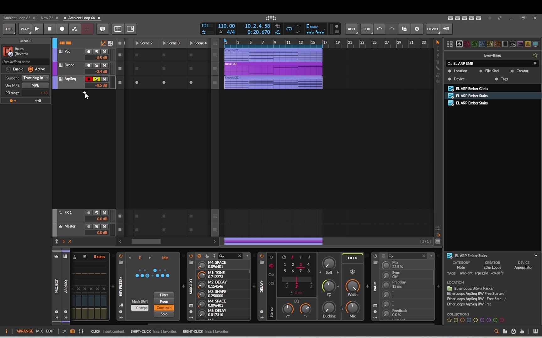 The ArpSeq chain: Arpeggiator with a free ArpSeq BW preset, Key Filter set to E minor, Surge XT, then delay.