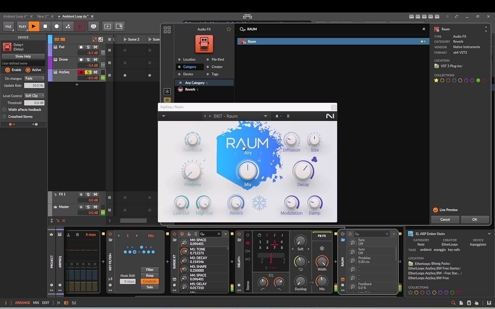 Raum, the free reverb from Native Instruments, at the end of the ArpSeq chain.