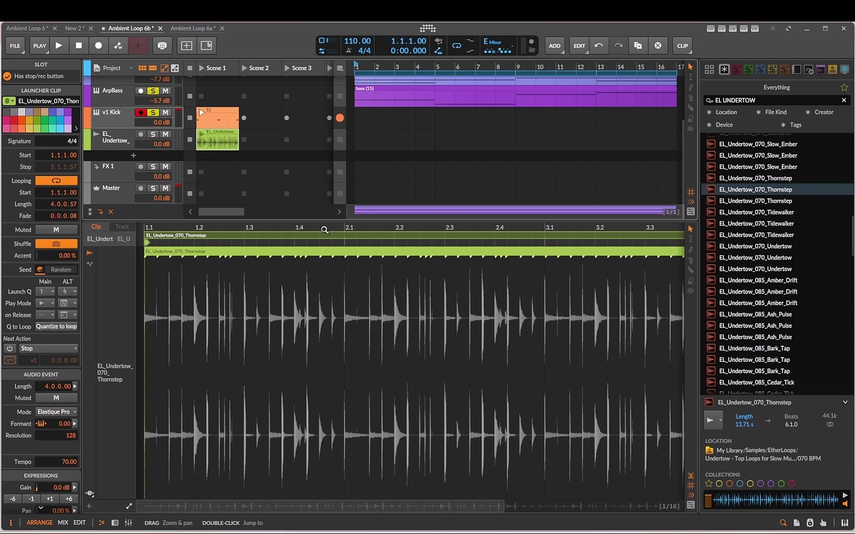 The Undertow top loop in the clip editor: Elastique Pro stretch mode, clip tempo set back to the original 70 BPM.
