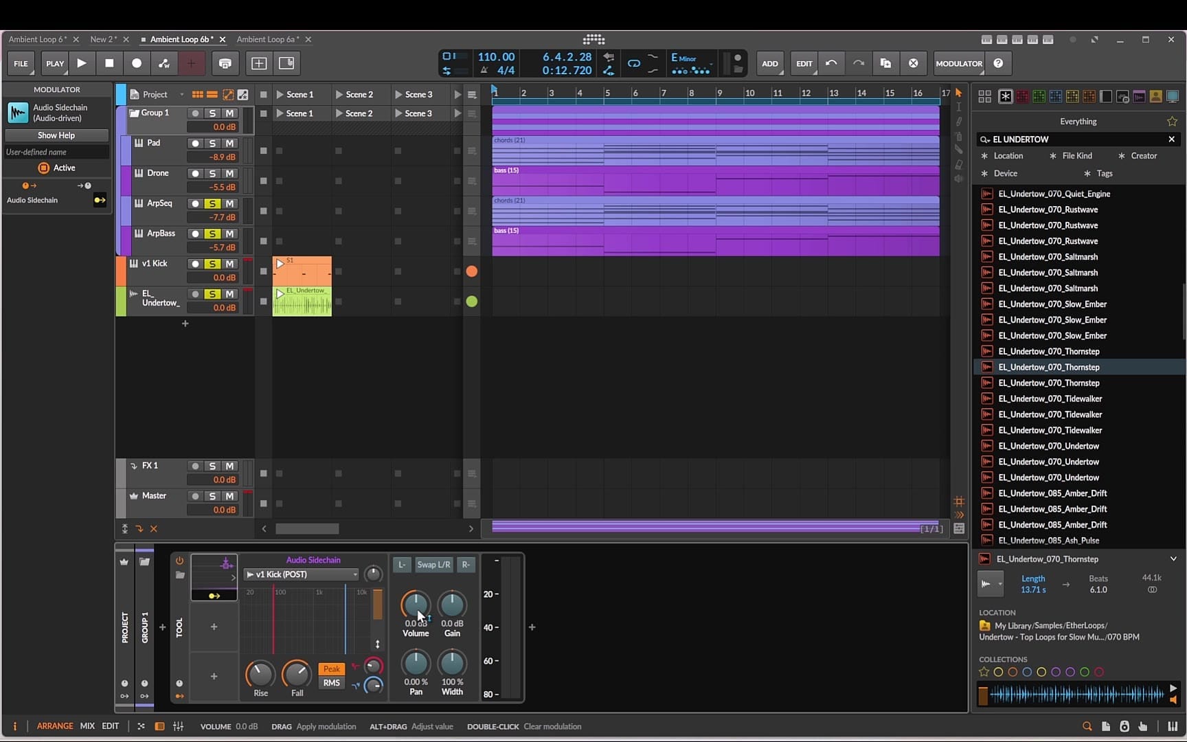 Group sidechain: a Tool device with an Audio Sidechain modulator listening to the kick, mapped to volume.