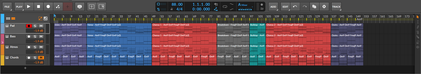 Bitwig Studio arranger showing Track Builder's DAWproject with section clips and chord markers