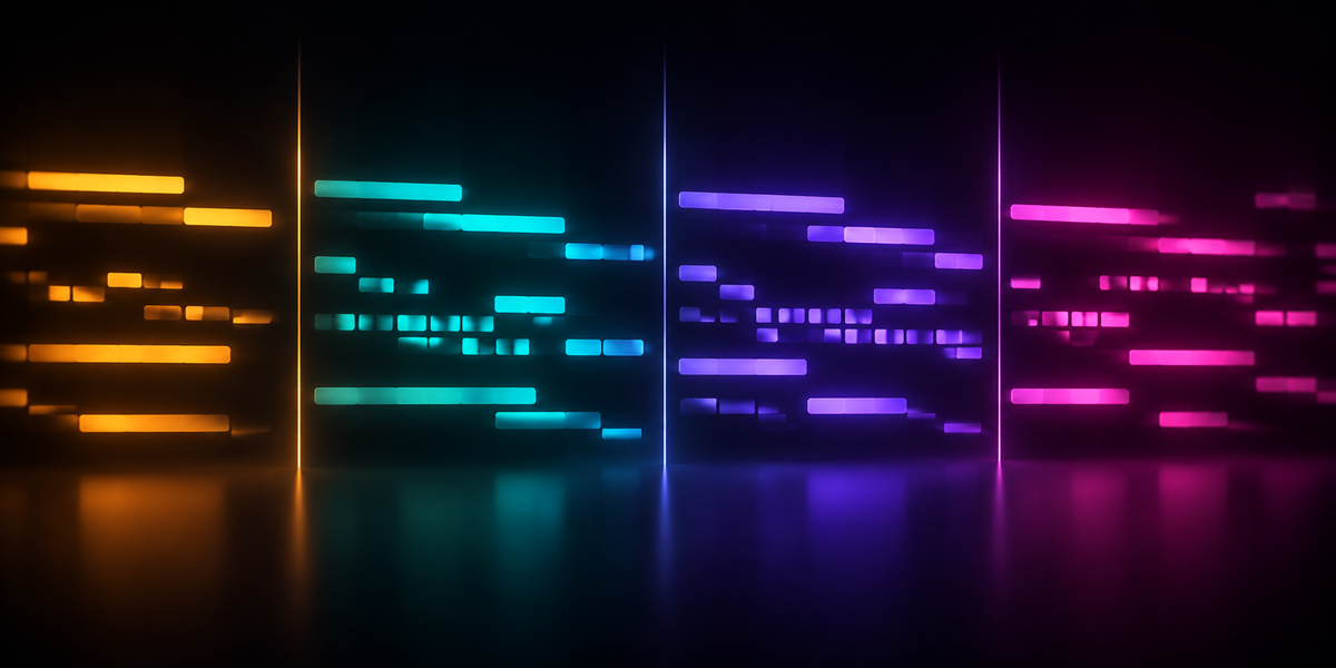 Glowing amber, teal, violet and magenta bars in four sections divided by vertical light lines, like a full song arrangement on a DAW timeline